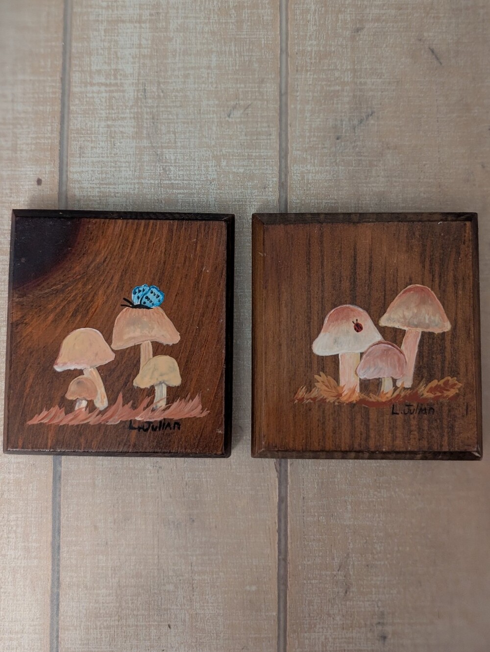 Vintage MCM Lot Of Two Hand Painted Mushroom Coasters/ Wall Art